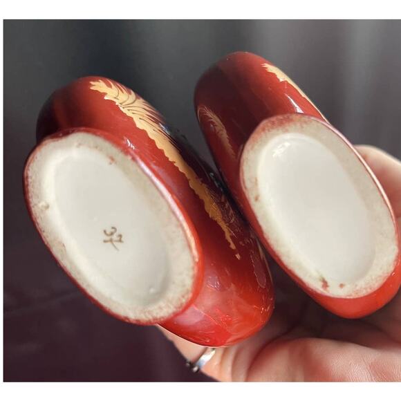 RARE! Pair Flambe OXBLOOD Red Chinese Porcelain Bird Vase ~Vintage - Picture 9 of 10